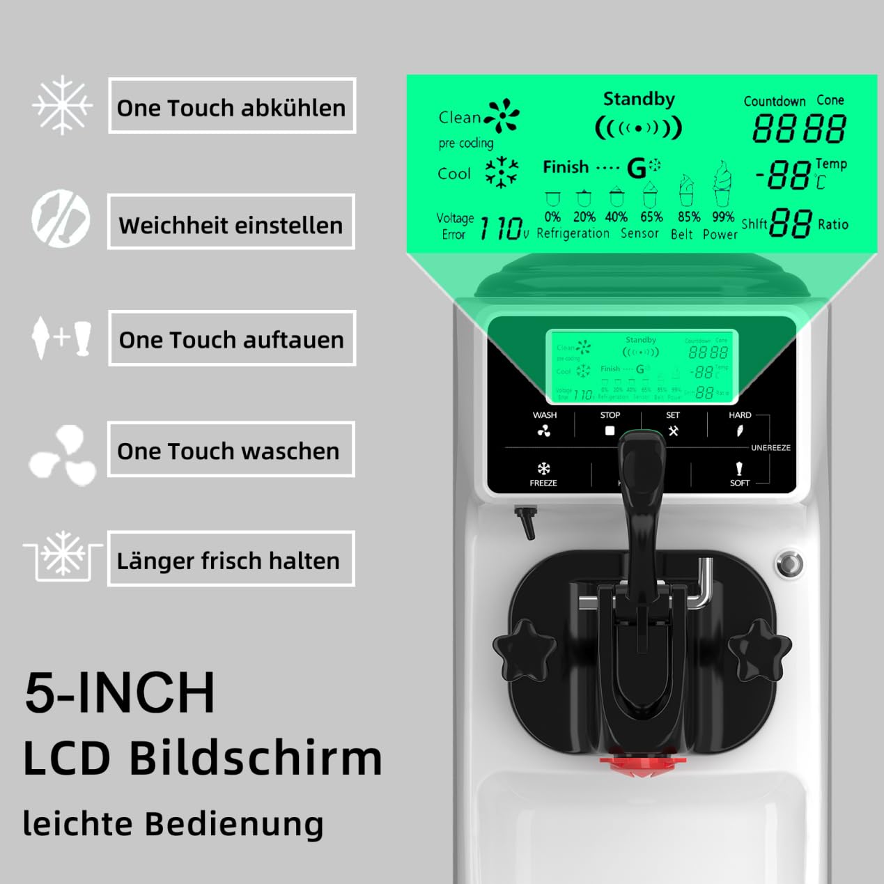 GSE Eismaschine gewerblich 1200W – 18L/h Softeis, 6L Edelstahlbehälter mit Vorkühlung, LCD-Display