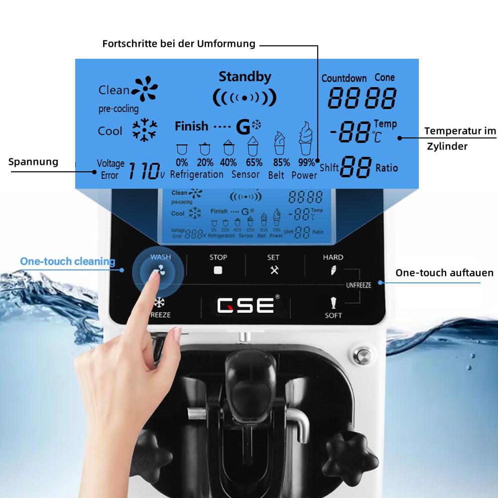 GSE Eismaschine gewerblich 1200W – 18L/h Softeis, 6L Edelstahlbehälter mit Vorkühlung, LCD-Display
