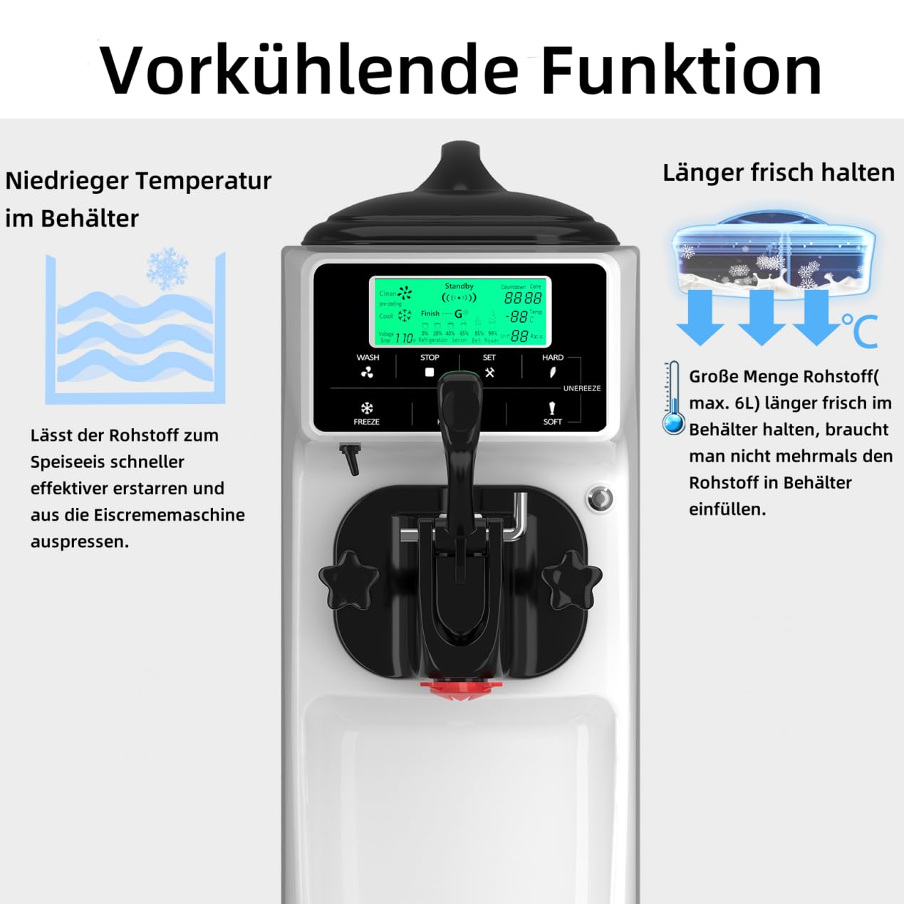 GSE Eismaschine gewerblich 1200W – 18L/h Softeis, 6L Edelstahlbehälter mit Vorkühlung, LCD-Display