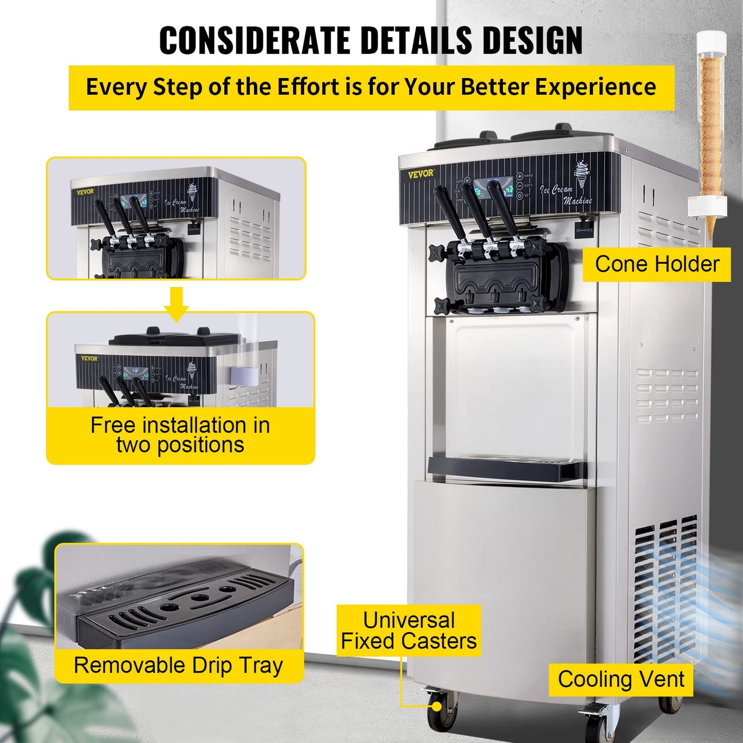 VEVOR Softeismaschine 2200W 3 Geschmacksrichtungen 2×6L Trichter LCD Gastronomie Eismaschine Edelstahl