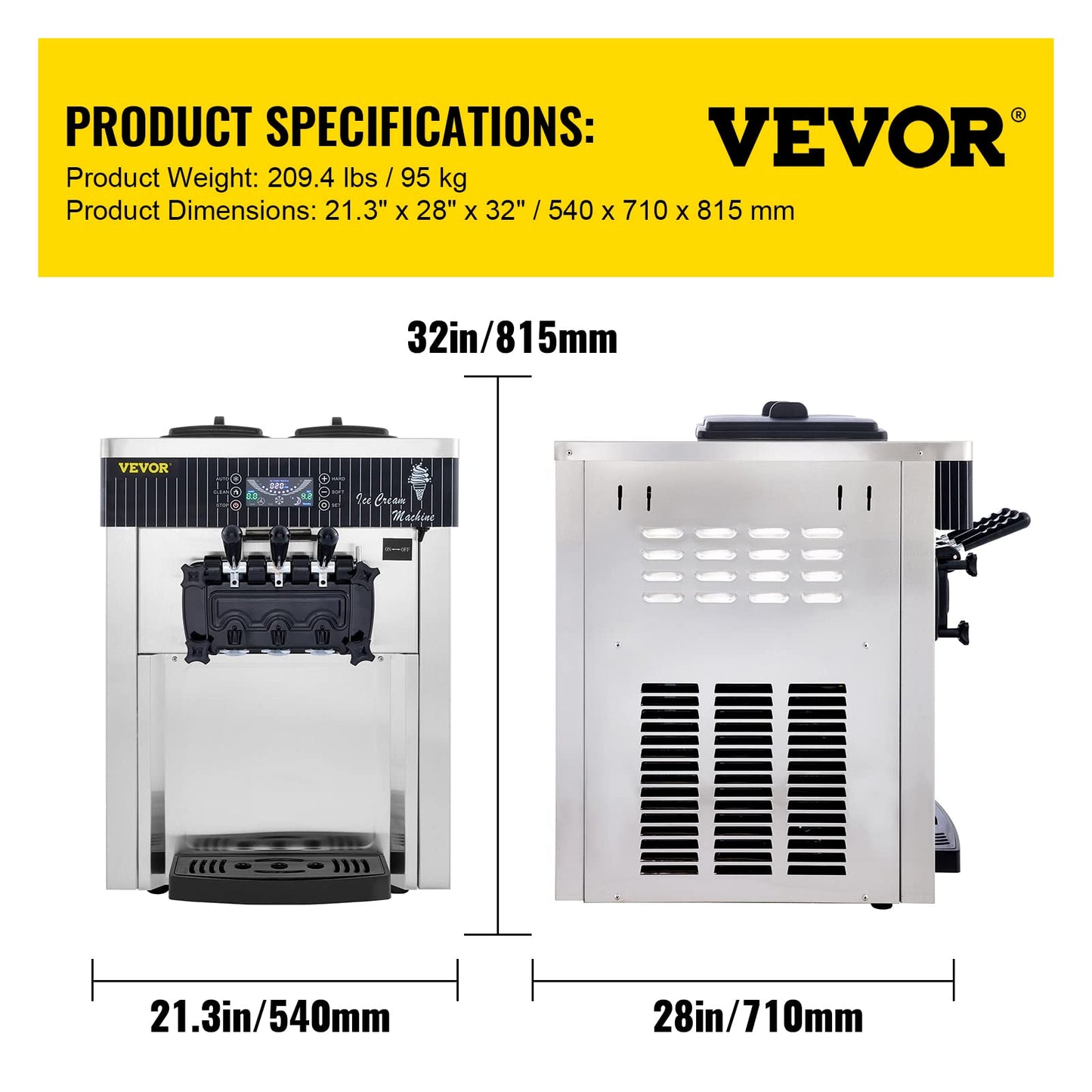 VEVOR Softeismaschine 2200W 2×6L Gastronomie 3 Aromen LCD Display 20-28L/h Edelstahl