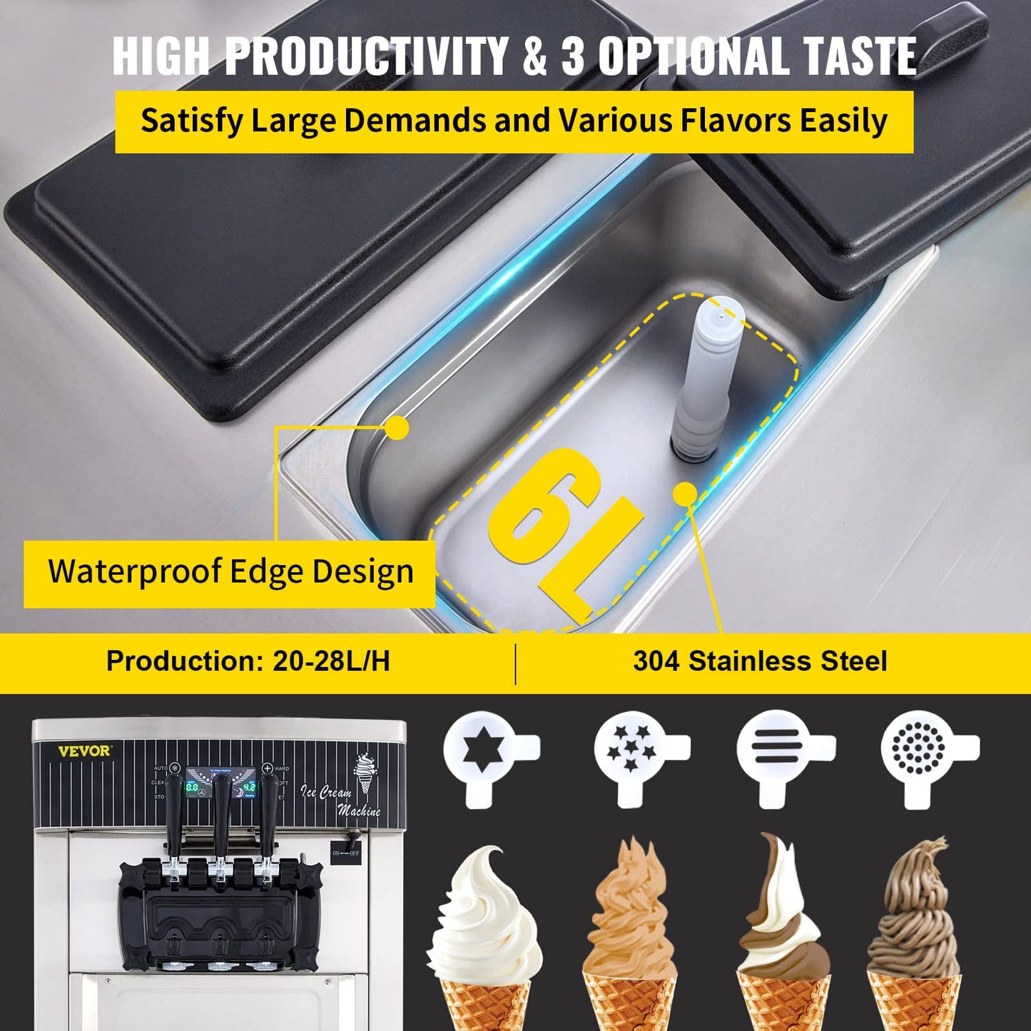 VEVOR Softeismaschine 2200W 3 Geschmacksrichtungen 2×6L Trichter LCD Gastronomie Eismaschine Edelstahl