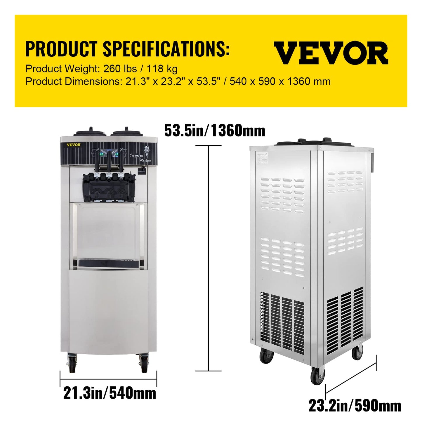 VEVOR Softeismaschine 2200W 3 Geschmacksrichtungen 2×6L Trichter LCD Gastronomie Eismaschine Edelstahl