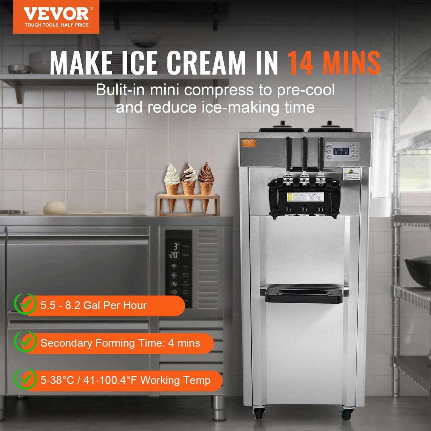 VEVOR Softeismaschine 3 Geschmacksrichtungen 21-31L/h Gastronomie Edelstahl LED 2×4,3L