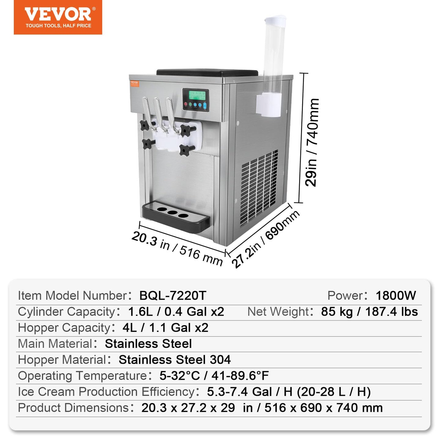 VEVOR Softeismaschine 1800W 3 Geschmacksrichtungen 2×4L Trichter 20L/h LCD Eismaschine Gastronomie