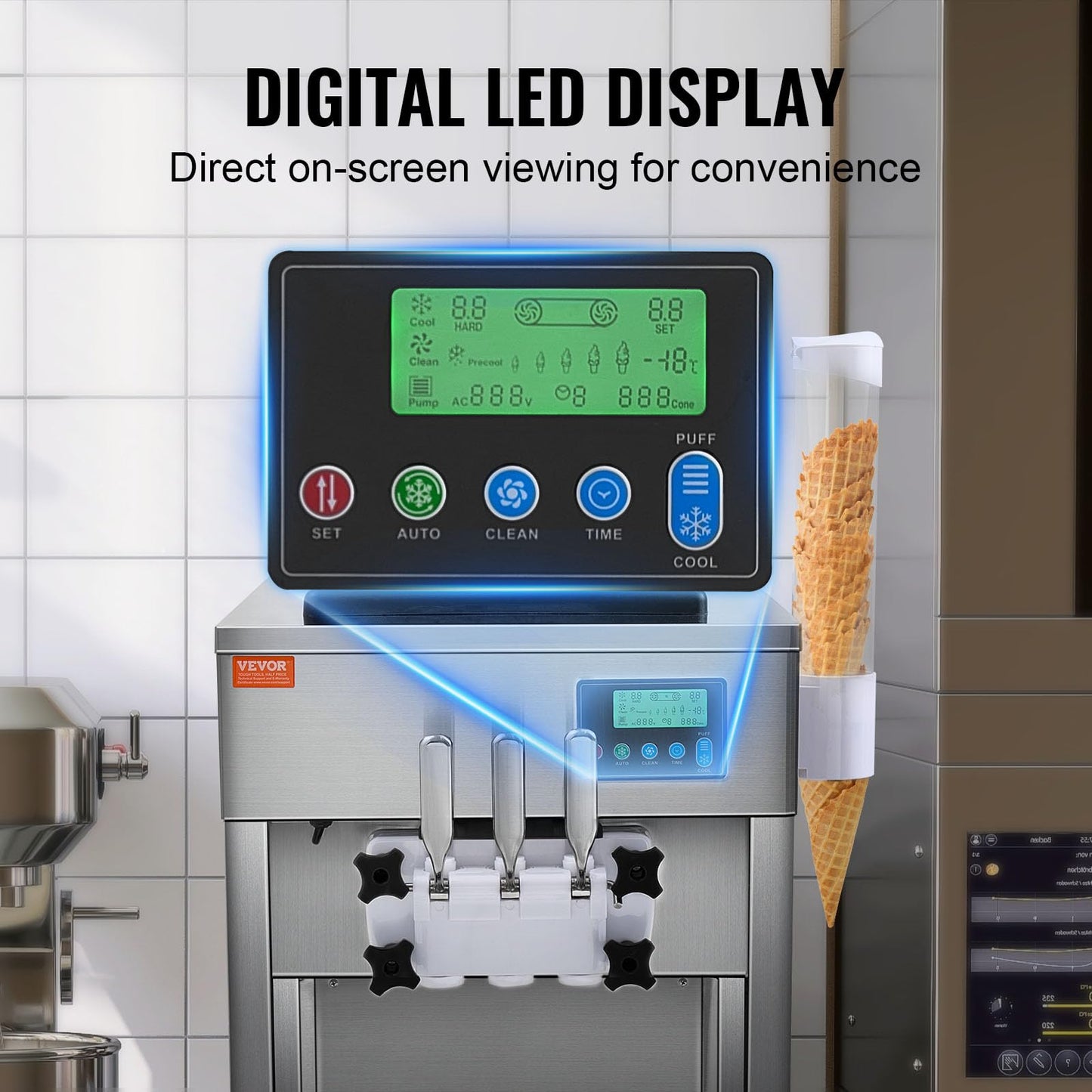 VEVOR Softeismaschine Gastronomie 20L/h 1800W 3 Geschmacksrichtungen LCD 2×4L Edelstahl