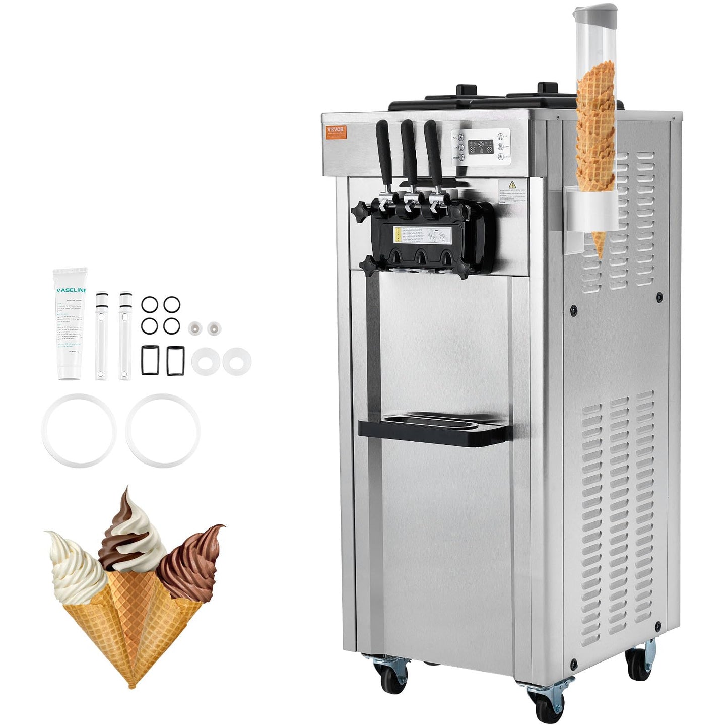 VEVOR Softeismaschine 3 Geschmacksrichtungen 21-31L/h Gastronomie Edelstahl LED 2×4,3L