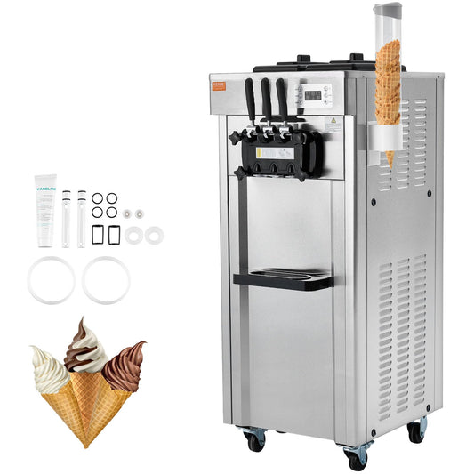 VEVOR Softeismaschine 3 Geschmacksrichtungen 21-31L/h Gastronomie Edelstahl LED 2×4,3L