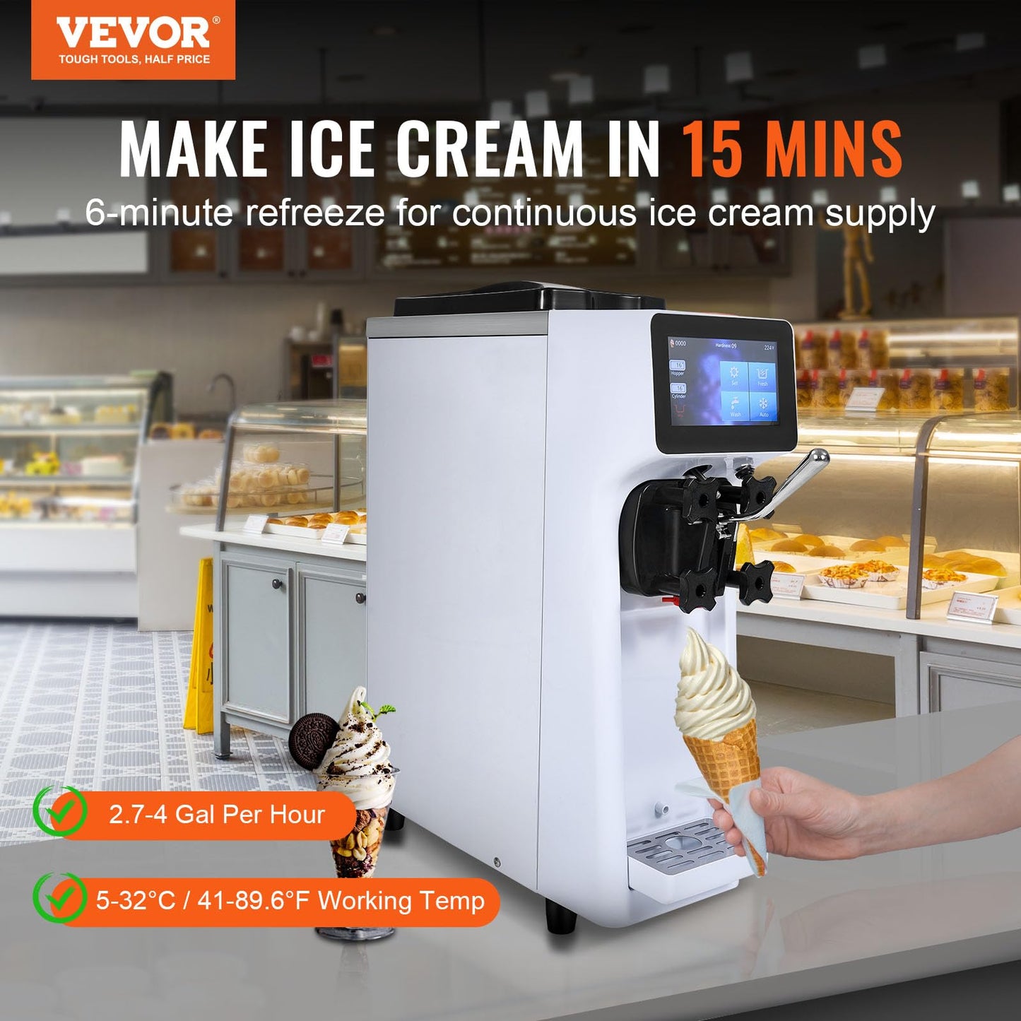 VEVOR Softeismaschine 10 L/h Gastronomie Edelstahl 4L Trichter Touchscreen Arbeitsplatte