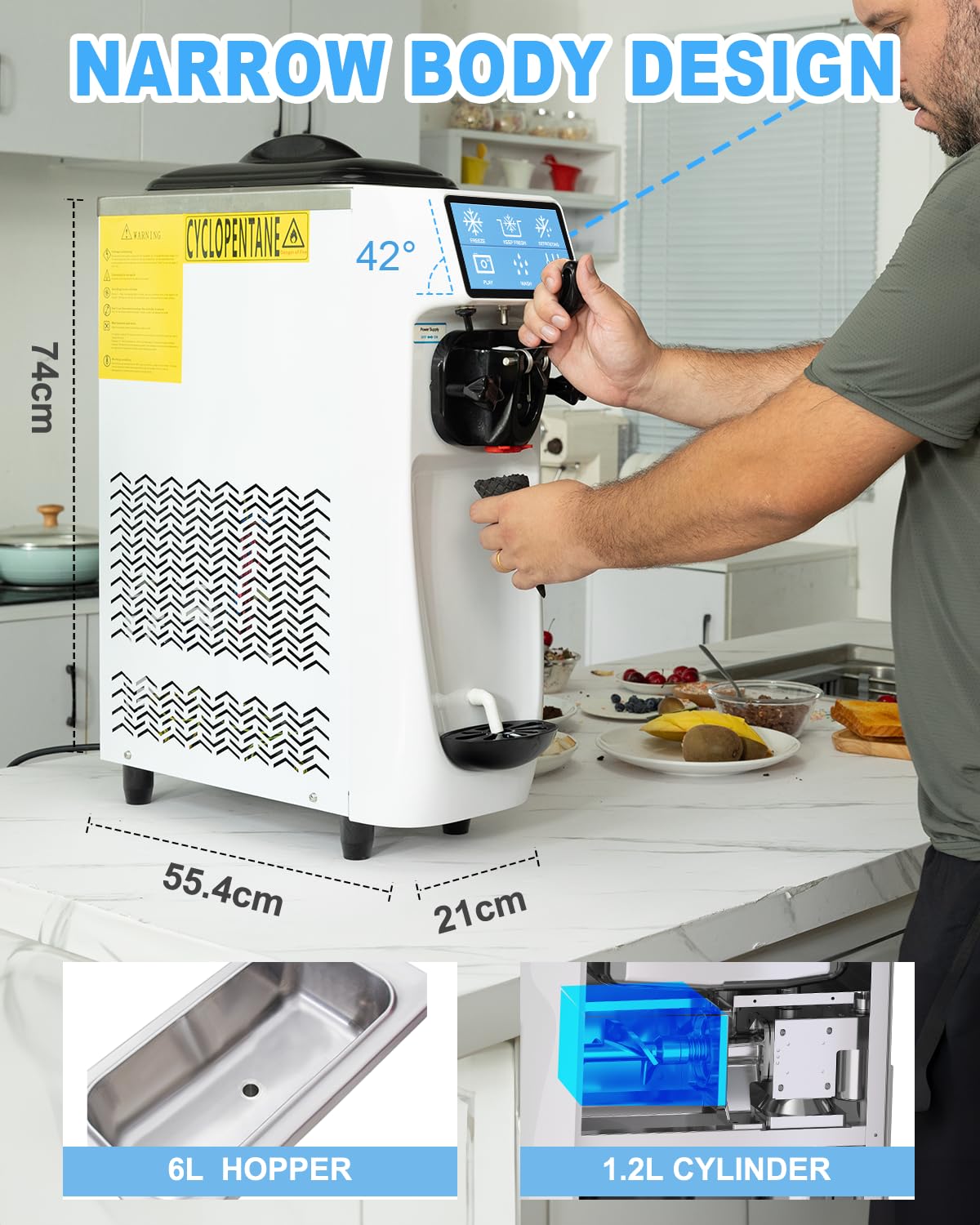 GSE Softeismaschine 1300W gewerblich – 18L/h, 6L Vorkühlung, 7" LCD-Display, flüsterleise