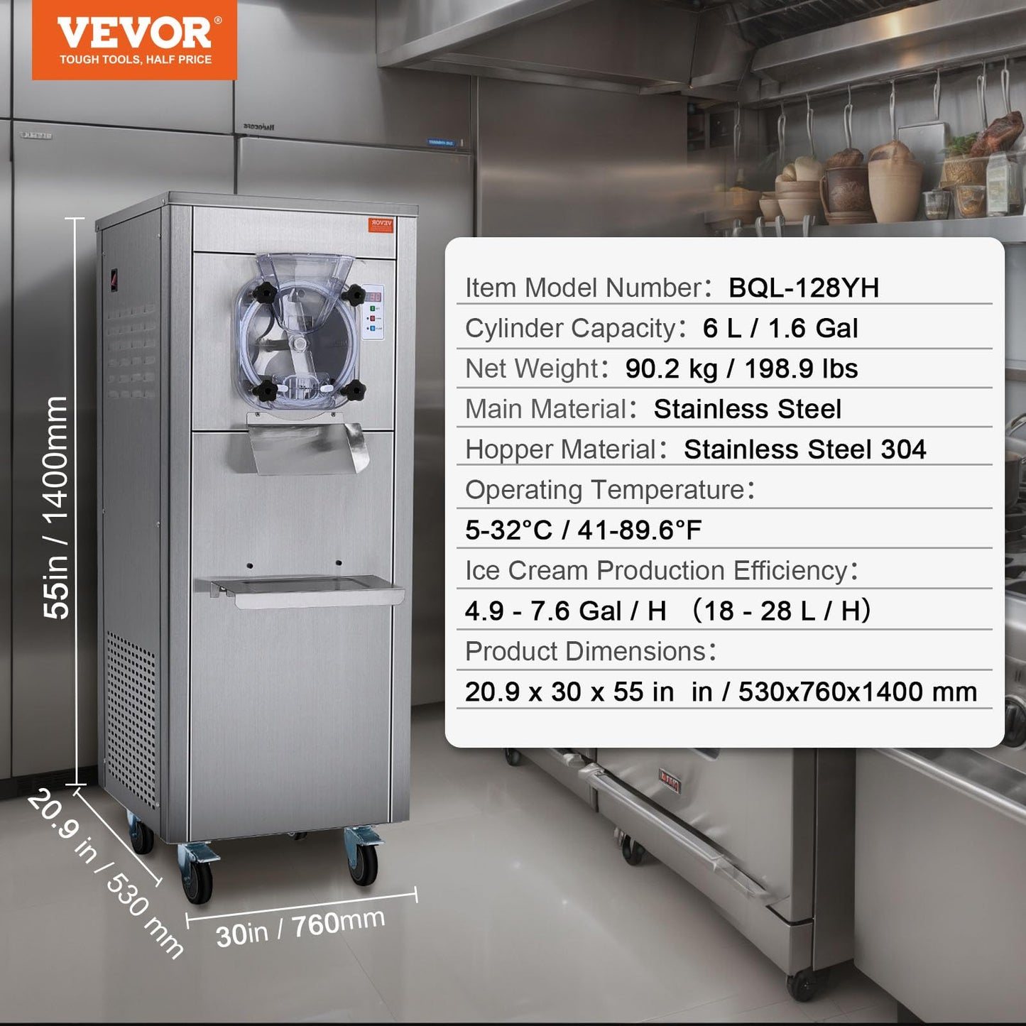 Eismaschine Gastronomie 18L/h 1800W Edelstahl, 6L Zylinder LED-Panel Softeis gewerblich