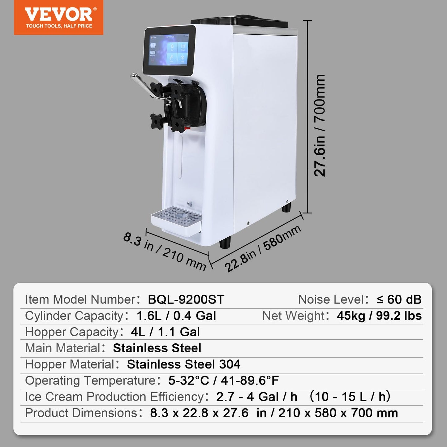 VEVOR Softeismaschine 10 L/h Gastronomie Edelstahl 4L Trichter Touchscreen Arbeitsplatte