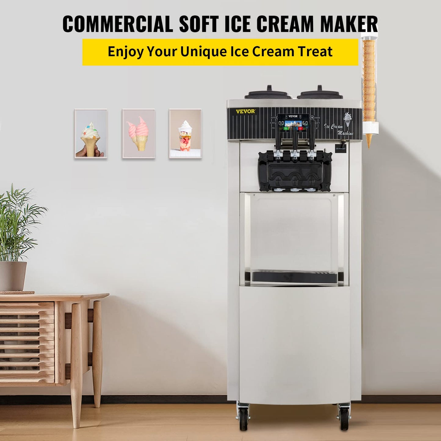 VEVOR Softeismaschine 2200W 3 Geschmacksrichtungen 2×6L Trichter LCD Gastronomie Eismaschine Edelstahl