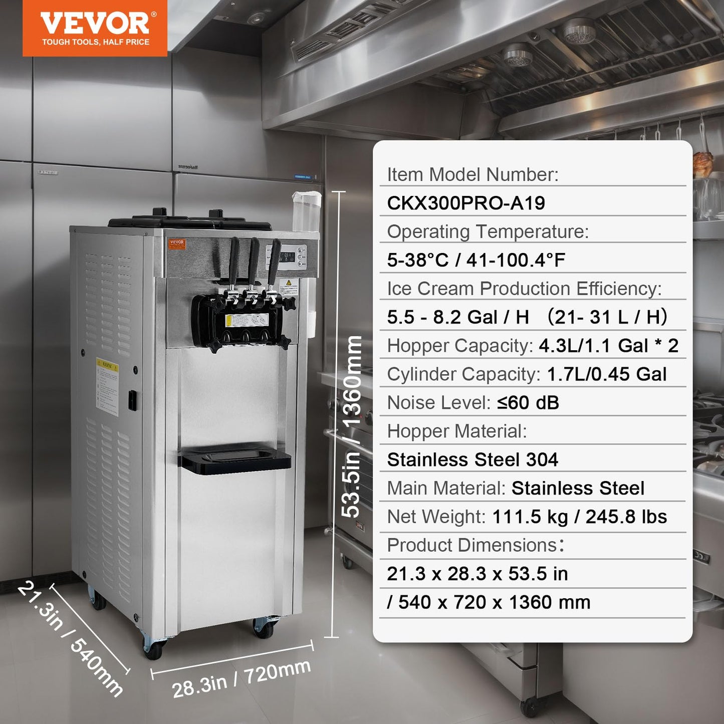 VEVOR Softeismaschine 3 Geschmacksrichtungen 21-31L/h Gastronomie Edelstahl LED 2×4,3L