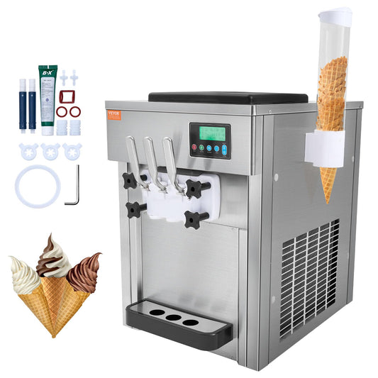 VEVOR Softeismaschine 1800W 3 Geschmacksrichtungen 2×4L Trichter 20L/h LCD Eismaschine Gastronomie